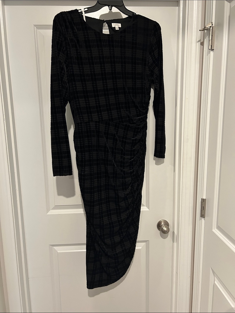 Nicole Miller Black Plaid Asymmetrical Ruched Midi Dress